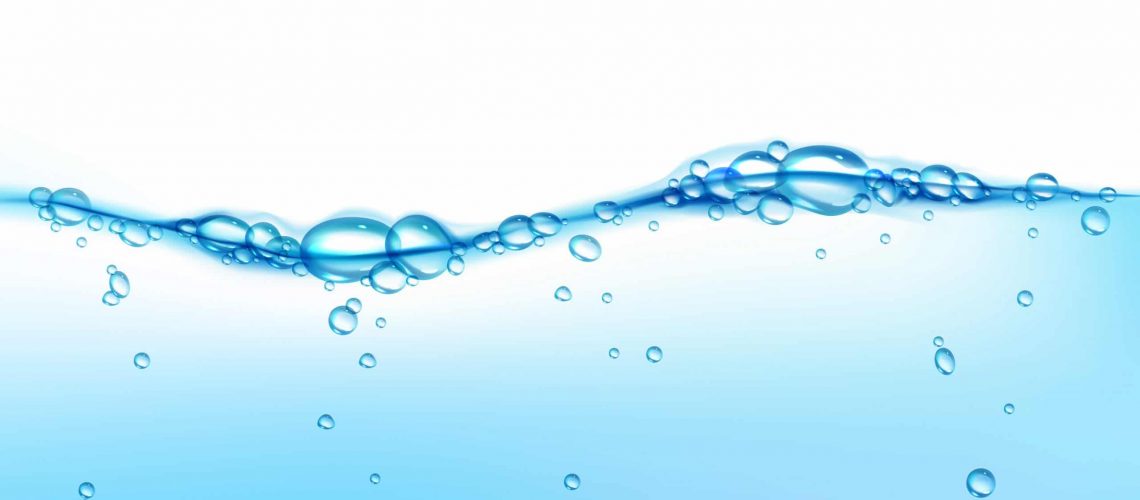 Fresh clean water wave with air bubbles. Vector realistic illustration of clear blue aqua surface isolated on white background. Water splash, flow of pure liquid drink