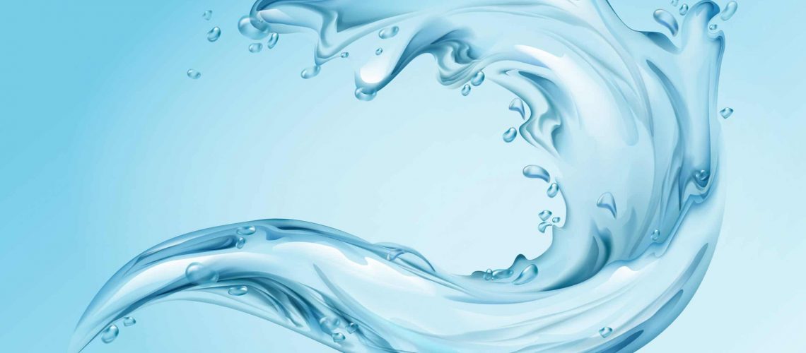Water splash realistic vector illustration of 3d water wave with blue clear transparent effect of pure splashing drops. Template for mineral drinking water or moisturizer cosmetic package design